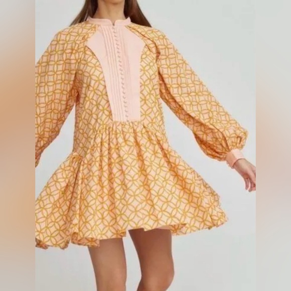 Asa Fashion Group Dresses & Skirts - Boho Babydoll Mini Dress Peach Coral Print Pintuck Button Coastal Western Small